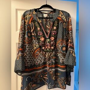 Plus Size Bohemian Floral Blouse with Embroidery - size 2X